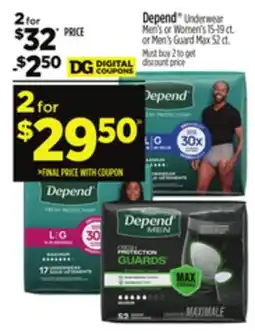 Dollar General Depend Underwear Men's or Women's 15-19 ct. or Men's Guard Max 52 ct.z offer
