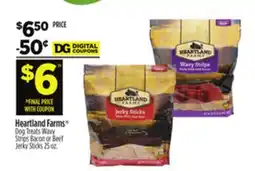 Dollar General Heartland Farms Dog Treats Wavy Strips Bacon or Beef Jerky Sticks offer