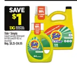 Dollar General Tide Simply Liquid Laundry Detergent 64-138 Load/81-182 oz offer