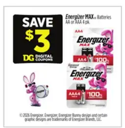 Dollar General Energizer MAX Batteries AA or AAA 4 pk offer