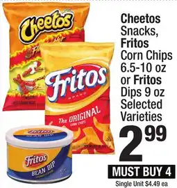 Super King Markets Cheetos Snacks, Fritos Corn Chips 6.5-10 oz or Fritos Dips 9 oz offer
