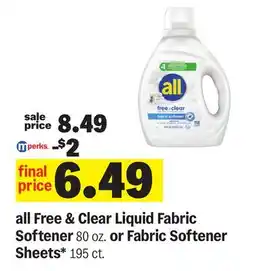 Meijer all Free & Clear Liquid Fabric Softener 80 oz. or Fabric Softener Sheets* 195 ct offer