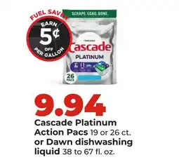 Hy-Vee Cascade Platinum Action Pacs or Dawn dishwashing liquid offer