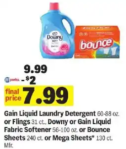 Meijer Gain Liquid Laundry Detergent or Flings or Downy or Gain Liquid Fabric Softener or Bounce Sheets or Mega Sheets offer