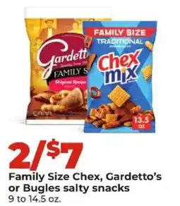 Hy-Vee Family Size Chex, Gardetto's or Bugles salty snacks offer
