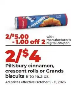Hy-Vee Pillsbury cinnamon, crescent rolls or Grands biscuits offer