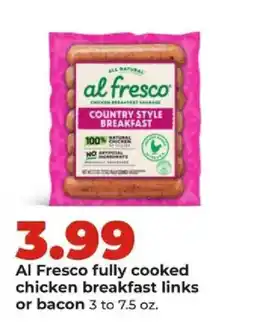 Hy-Vee Al Fresco fully cooked chicken breakfast links or bacon offer