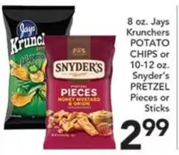 Pete's Fresh Market Jays Krunchers potato chips or snyder's pretzel pieces or sticks offer