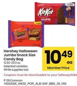 Albertsons Hershey Halloween Jumbo Snack Size Candy Bag offer