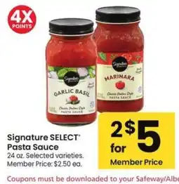 Albertsons Signature Select Pasta Sauce offer