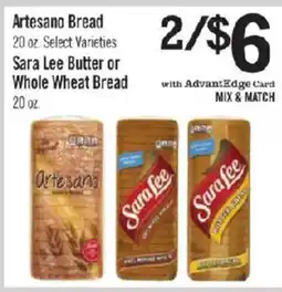 Price Chopper Artesano Bread or Sara Lee Butter or Whole Wheat Bread offer