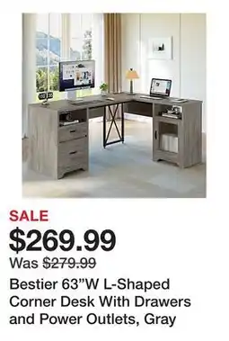 Office Depot Bestier 63W L-Shaped Corner Desk With Drawers and Power Outlets, Gray offer