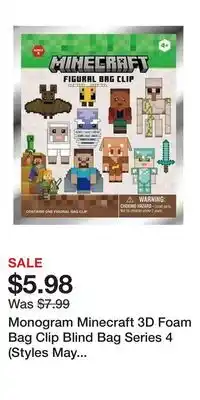 Game Stop Monogram Minecraft 3D Foam Bag Clip Blind Bag Series 4 (Styles May Vary) offer