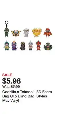 Game Stop Godzilla x Tokodoki 3D Foam Bag Clip Blind Bag (Styles May Vary) offer