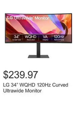 Costco LG 34 WQHD 120Hz Curved Ultrawide Monitor offer