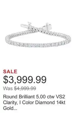 Costco Round Brilliant 5.00 ctw VS2 Clarity, I Color Diamond 14kt Gold Tennis Bracelet offer