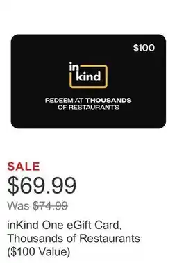 Costco inKind One eGift Card, Thousands of Restaurants ($100 Value) offer