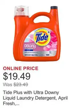 Costco Tide Plus with Ultra Downy Liquid Laundry Detergent, April Fresh, 100 Loads, 128 fl oz offer
