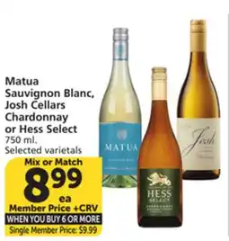 Vons Matua Sauvignon Blanc, Josh Cellars Chardonnay or Hess Select offer