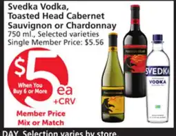 Vons Svedka Vodka, Toasted Head Cabernet Sauvignon or Chardonnay offer