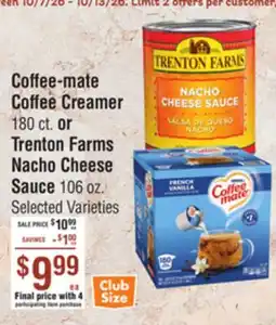 Smart & Final Coffee-mate Coffee Creamer 180 ct. or Trenton Farms Nacho Cheese Sauce 106 oz offer