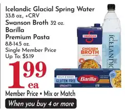 Pavilions Icelandic Glacial Spring Water 33.8 oz., +CRV Swanson Broth 32 oz. Barilla Premium Pasta 8.8-14.5 oz offer