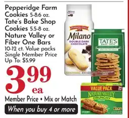 Pavilions Pepperidge Farm Cookies 5-8.6 oz. Tate's Bake Shop Cookies 5.5-8 oz. Nature Valley or Fiber One Bars offer