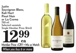 Pavilions Justin Sauvignon Blanc, Kali Hart Pinot Noir or La Crema offer