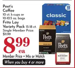 Pavilions Peet's Coffee 10 ct. k-cups or 10-10.5 oz. bags Frito Lay Variety Pack 15-18 ct offer