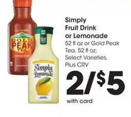 Ralphs Simply Fruit Drink or Lemonade 52 fl oz or Gold Peak Tea, 52 fl oz offer