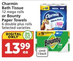 Albertsons Charmin Bath Tissue 12 mega rolls or Bounty Paper Towels 6 double plus rolls offer