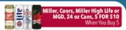 Tony’s Fresh Market Miller, Coors, Miller High Life or MGD, 24 oz Cans offer