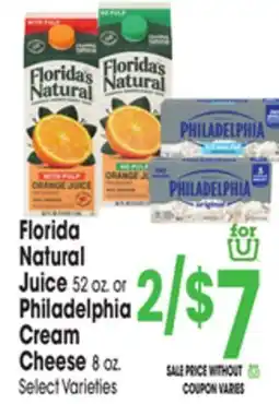 Jewel-Osco Florida Natural Juice 52 oz. or Philadelphia Cream Cheese 8 oz offer