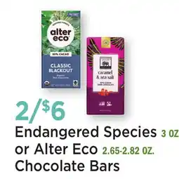 Heinen's Endangered Species 3 OZ or Alter Eco 2.65-2.82 OZ Chocolate Bars offer