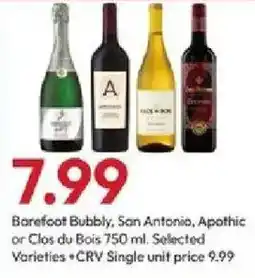 Stater Bros Barefoot Bubbly, San Antonio, Apothic or Clos du Bois offer