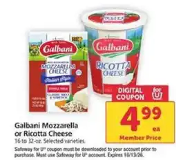 Safeway Galbani Mozzarella or Ricotta Cheese offer