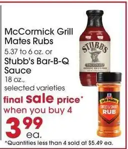 Giant Eagle McCormick Grill Mates Rubs or Stubb's Bar-B-Q Sauce offer