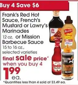 Giant Eagle Frank's Red Hot Sauce, French's Mustard or Lawry's Marinades offer