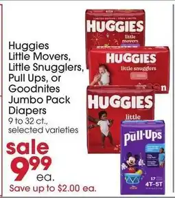 Giant Eagle Huggies Little Movers, Little Snugglers, Pull Ups, or Goodnites Jumbo Pack Diapers offer