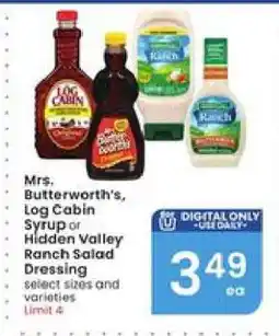 Albertsons Mrs. Butterworth's, Log Cabin Syrup or Hidden Valley Ranch Salad Dressing offer