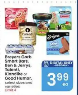 Albertsons Breyers Carb Smart Bars, Ben & Jerry's, Talenti, Klondike, Good Humor offer