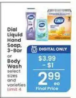 Albertsons Dial Liquid Hand Soap, 3-Bar or Body Wash offer