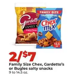 Hy-Vee Family Size Chex, Gardetto’s or Bugles salty snacks offer