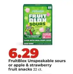 Hy-Vee FruitBlox Unspeakable sours or apple & strawberry fruit snacks offer