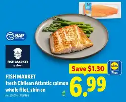 Lidl Fish Market fresh Chilean Atlantic salmon whole filet, skin on offer