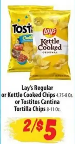 Food Giant Lay's Regular or Kettle Cooked Chips or Tostitos Cantina Tortilla Chips offer