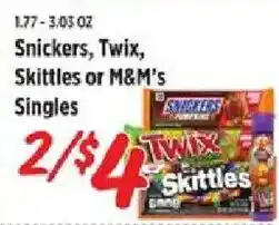 Rouses Snickers, Twix, Skittles or M&M's Singles offer