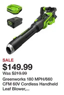 Tractor Supply Company Greenworks 180 MPH/660 CFM 60V Cordless Handheld Leaf Blower, Battery and Charger Included offer