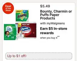 Walgreens Bounty, Charmin or Puffs Paper Products offer