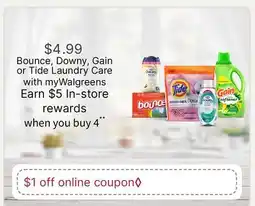 Walgreens Bounce, Downy, Gain Or Tide Laundry Care offer
